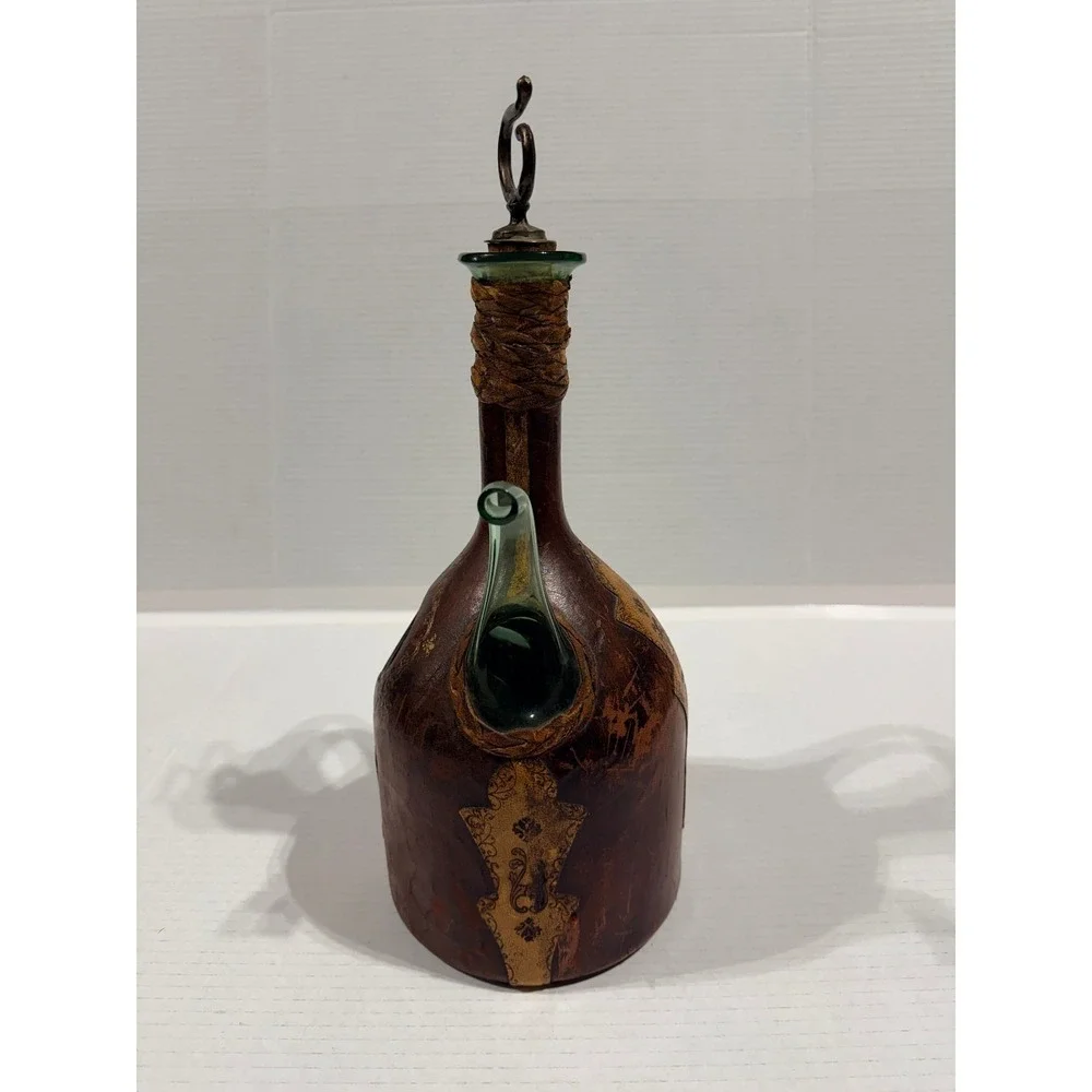 Vintage MCM Italian‎ Leather Wrapped Green Glass Decanter Bottle - 14.5